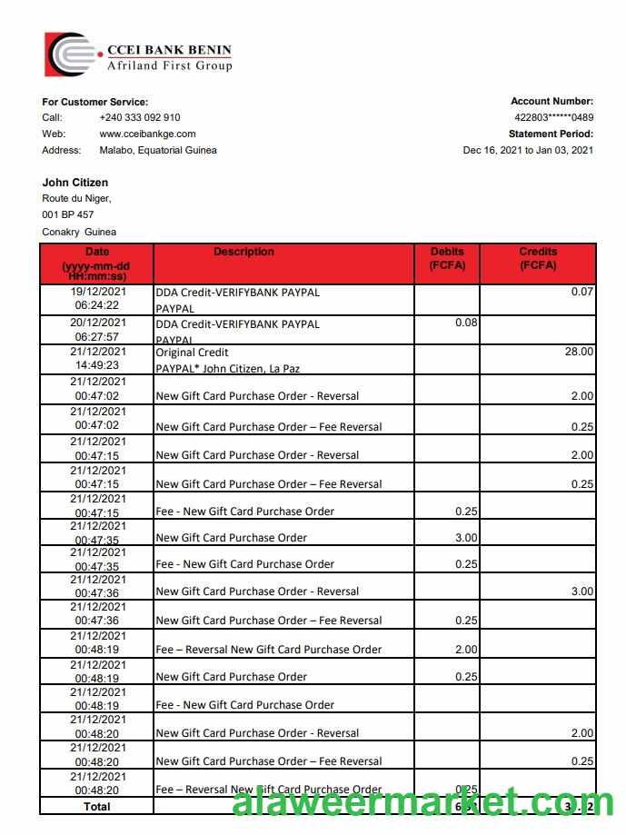 Equatorial Guinea CCEI Bank Benin bank statement easy to fill template in .xls and .pdf file format